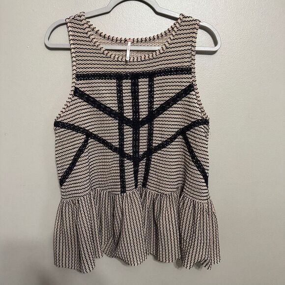 Free People Lace & Stripe Peplum Top in Black & Toasted Almond medium - Picture 2 of 7